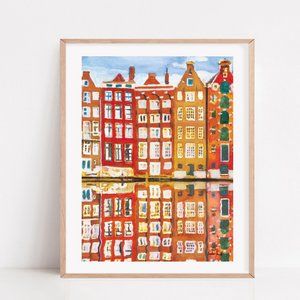 8.5x11 Amsterdam brick houses by the canal, gouache painting art print, travel
